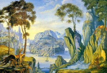 ファンタジーの花輪 ドラゴン 島の守護者 Oil Paintings